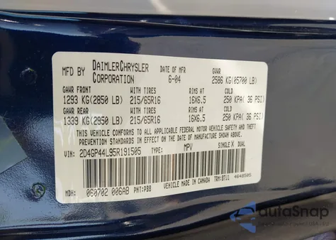 2005 Dodge Grand Caravan Sxt z USA, uszkodzony, nr VIN 2D4GP44L95R191505